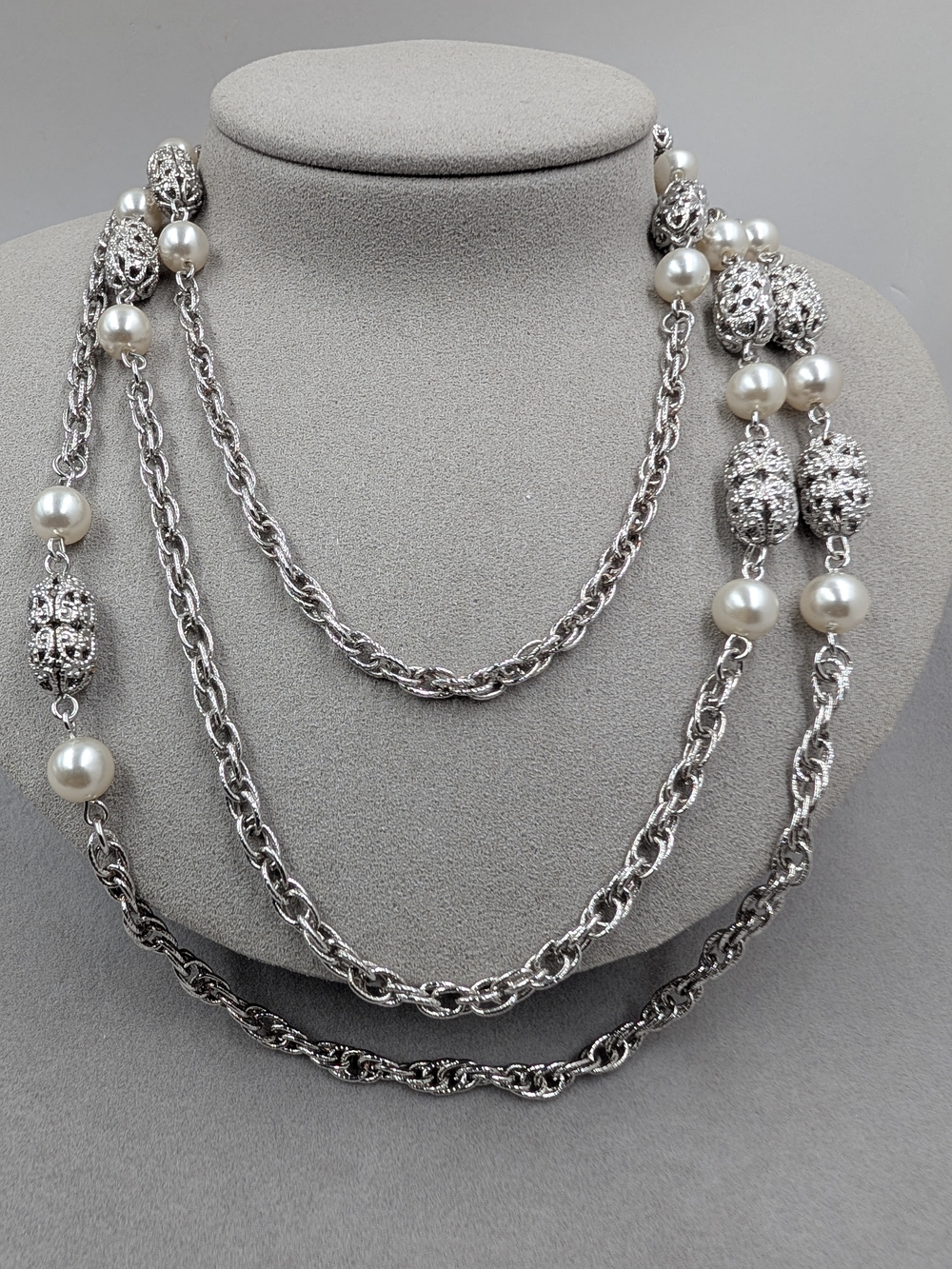 Sarah Coventry Faux Pearl Filigree Cage Long Necklace | 0239